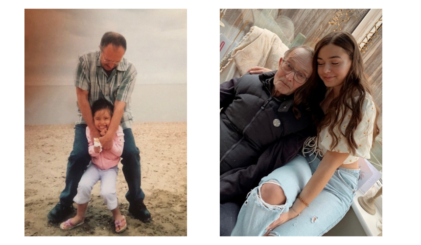 Two photographs of Sophia and her Papa - one is Sophia as a young girl on the beach with Papa, the other is Sophia and Papa more recently.