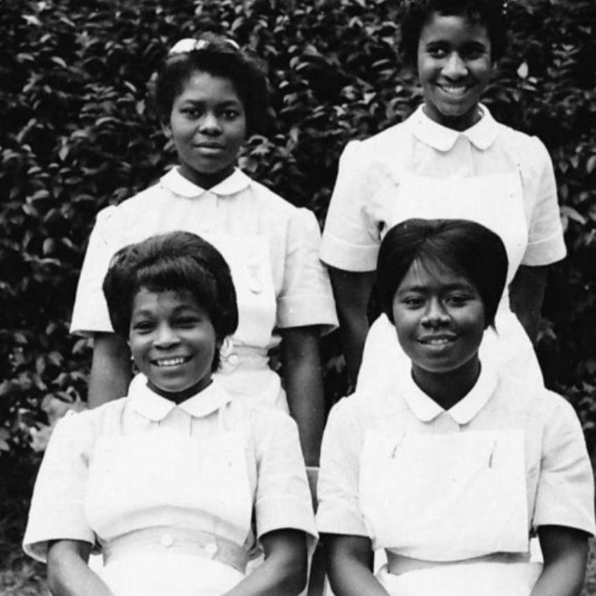Hilda as a young woman with three others in their nursing uniforms