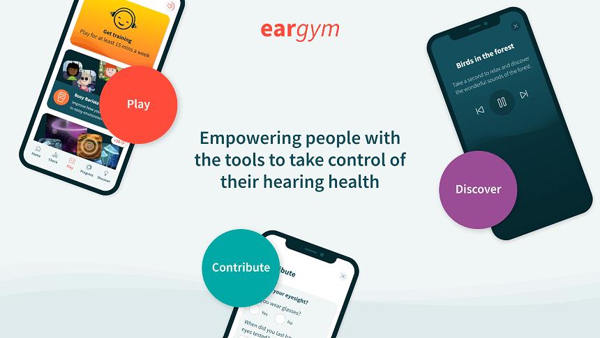 Artwork showing the eargym app along with the message 'Empowering people with the tools to take control of their hearing health'