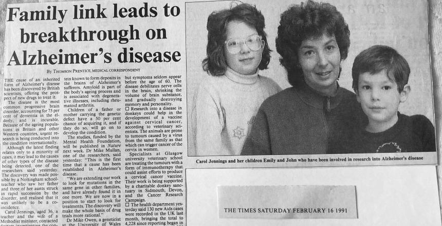 A newspaper clipping from 1991, with a photo of Carol Jennings with her children. The headline reads 'Family link leads to breakthrough on Alzheimer's disease'.