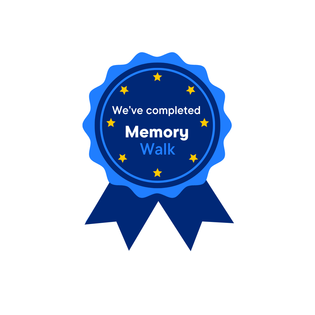 An animated blue badge that says we've completed at Memory Walk