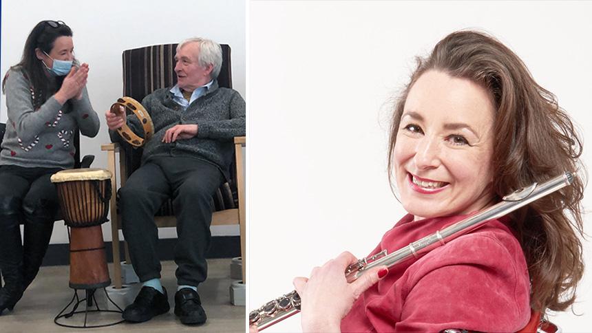 Clare Langan sings and plays instruments with a man at a Lost Chord session, left, Clare Langan with her flute, right.