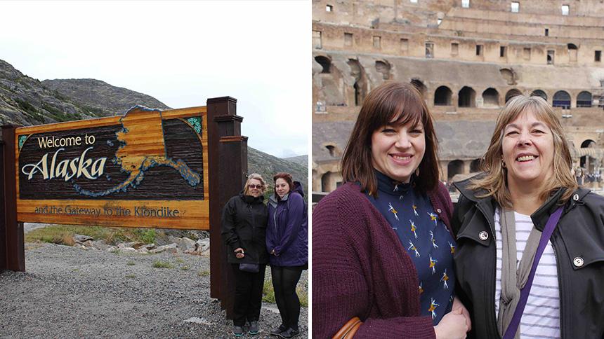 A sign welcoming visitors to Alaska next to a picture of Gill Taylor's daughter Claire, standing next to Gill Taylor in the Colosseum in Rome, Italy.