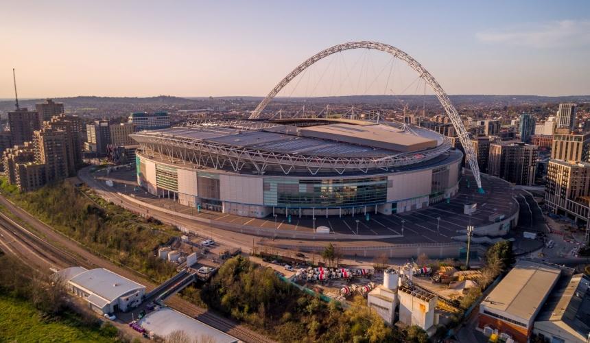 A photo of Wembley stadium, taken from above