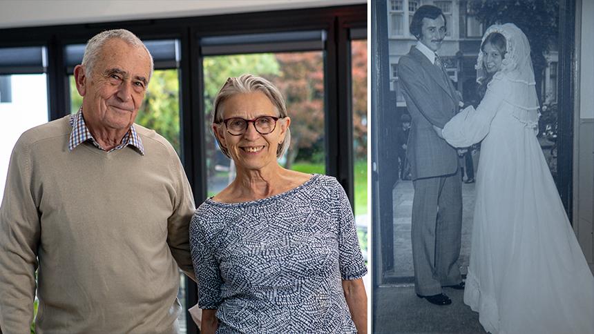 On the left, Tony and Anne stand together in their home. On the right is a photo of them together on their wedding day.