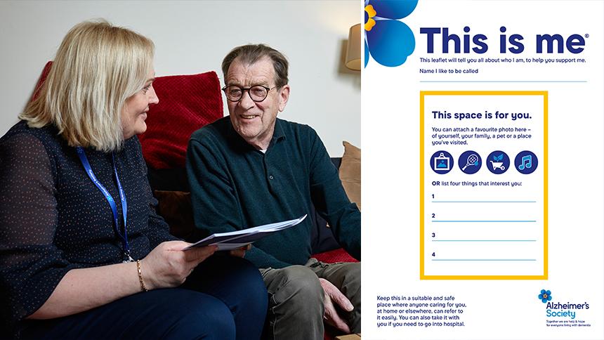 A woman and a man sit on a sofa looking at one of Alzheimer's Society's publications (left). On the right hand side there is an image of the cover of 'This is me'