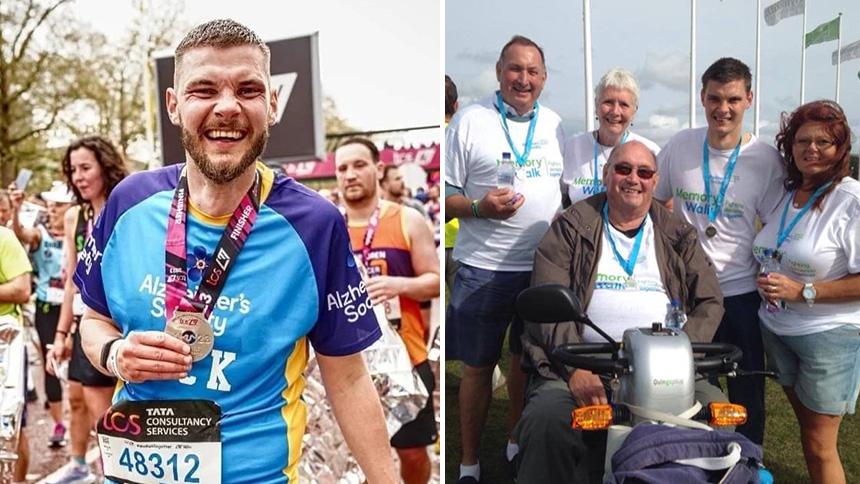 Jack Gibson with a medal after completing a running event (left) and with his family after a Memory Walk (right)