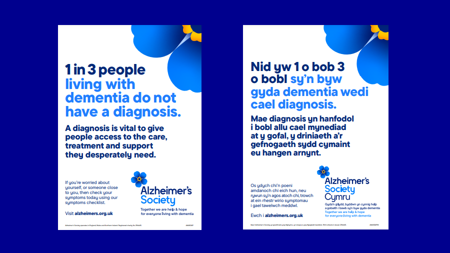 A dark blue banner with dementia action week posters in English and Welsh