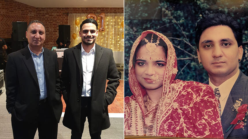 On the left is a recent image of Parminder and his son and on the right is an older photo of a young Parminder and Amar at their wedding