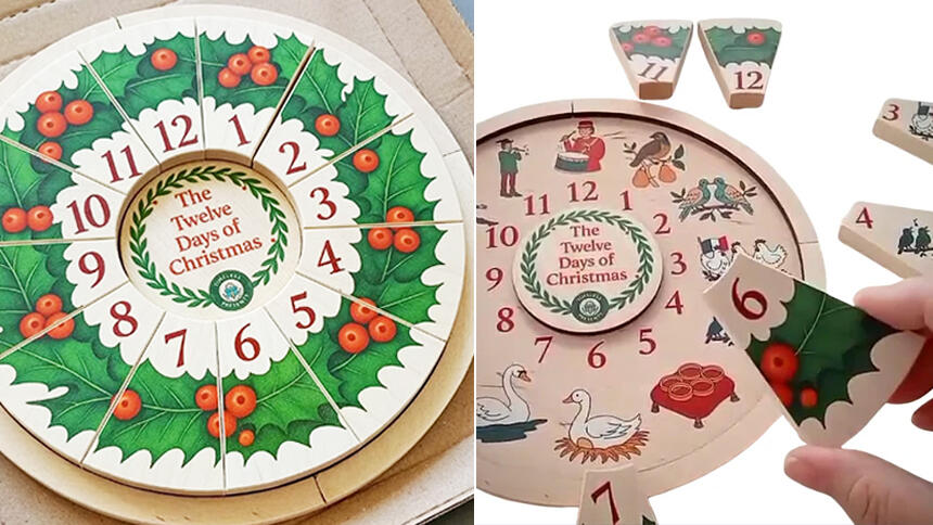 A wooden activity themed around the 12 days of Christmas