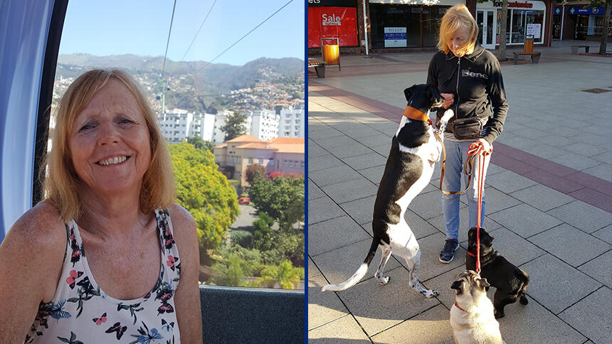 Jen smiling for a holiday pictures, alongside a photo of her with dogs