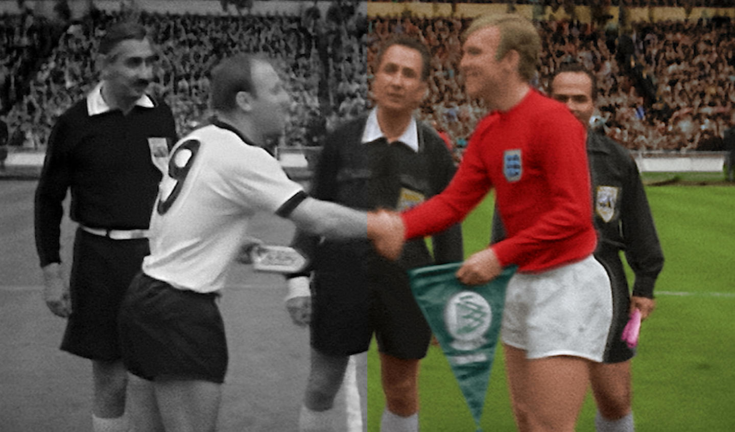 Team captains shake hands in a half black and white and half colour image of the 1966 World Cup