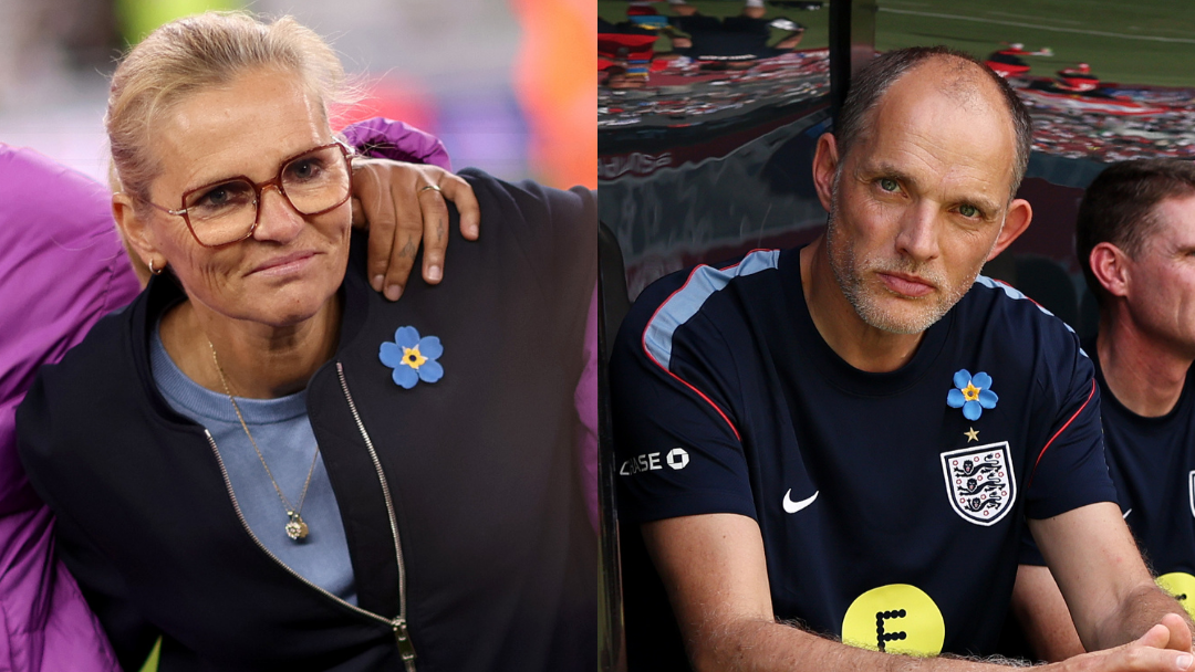 A photo of a woman and a photo of a man wearing sports clothing wearing a forget me not badges