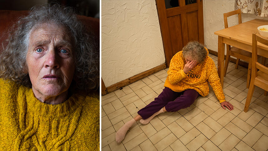 Two of Helen Rimell's photos - one of her mum Sue looking directly into the camera, another of her sitting on the kitchen floor