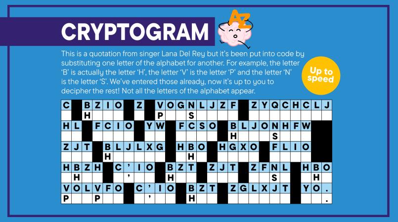Example cryptogram puzzle, a style of word puzzle featured in brain workout