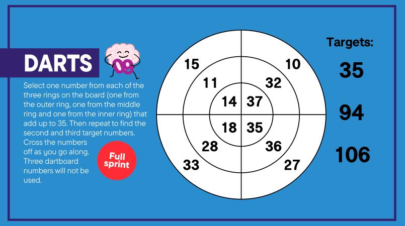 Example darts puzzle, a style of number puzzle featured in brain workout
