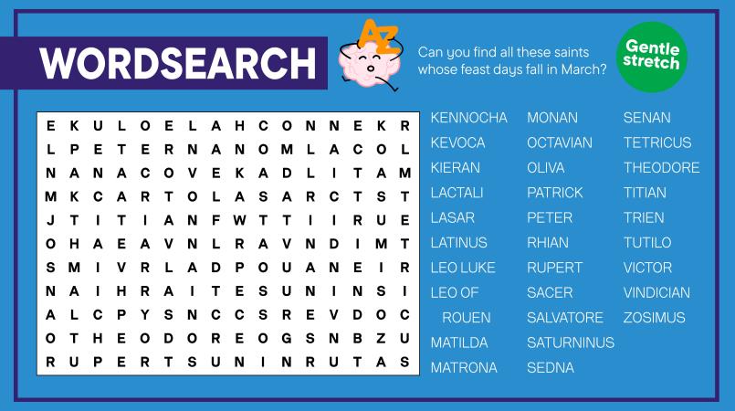 Example wordsearch puzzle, a style of word puzzle featured in brain workout