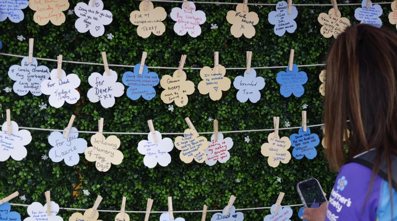 Forget me not paper flowers pegged on string with messages for loved ones.