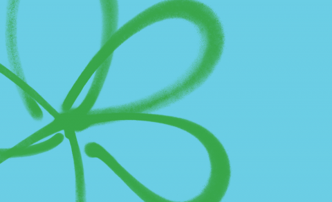 Green logo on blue background