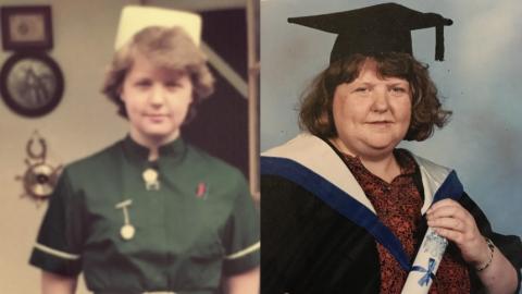 Julie as a young nurse and on her graduation day