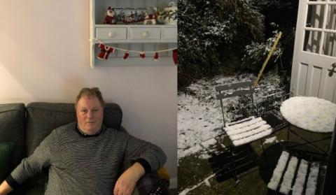 Paul at home wearing a jumper, next to an image of his garden covered in snow