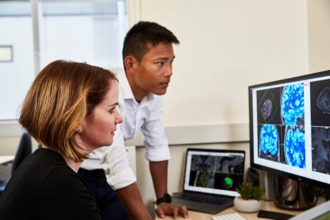 Two professionals look at brain scans on a computer