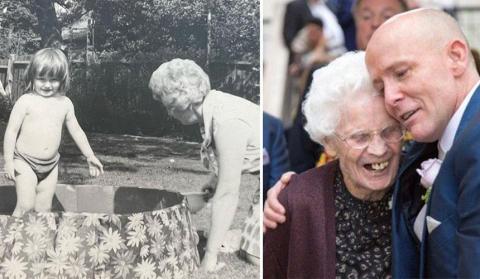 Two photos of Jay and Nanny V, taken years apart