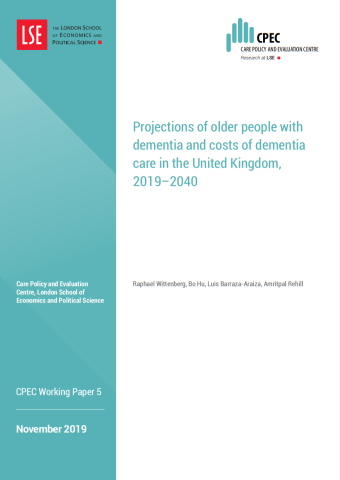 The cover of the Projections of older people with dementia and costs of dementia care in the United Kingdom 2019-2040 report, commissioned by Alzheimer's Society