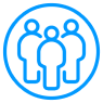 An outline of three human forms stand together in an icon with a blue outline and white background