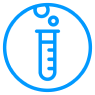 A blue outline of a circular icon of a scientific test tube on a white background