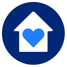 A circular icon of a house on a dark blue background.