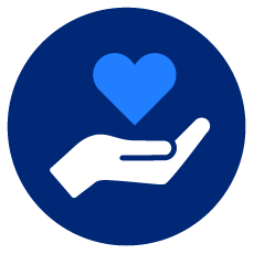 A circular icon of a hand cupping a heart on a dark blue background.