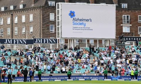 A crowd at a cricket game with an alzheimer's society billboard behind the crowd