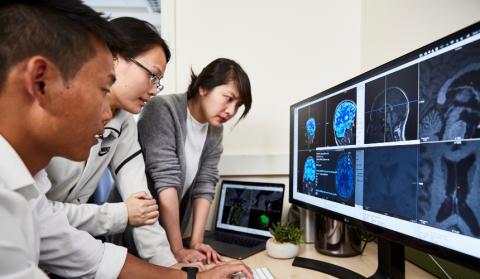 Three researchers looking at a brain scan 