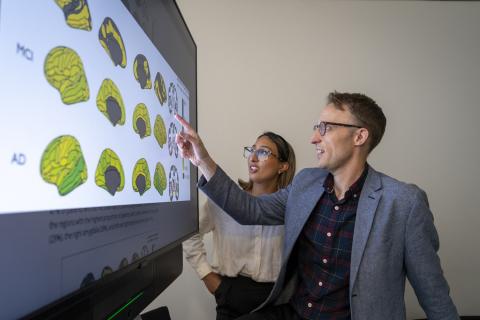 A pair of researchers looking at images of the brain on a screen