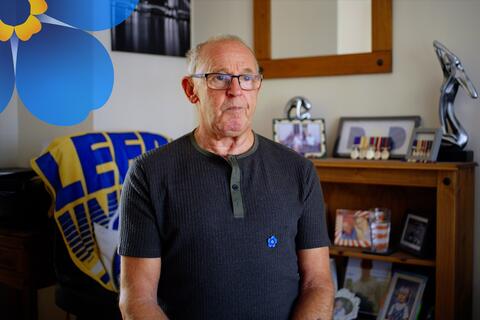 Andy Paul Alzheimer's Society mascot being interviewed in his home