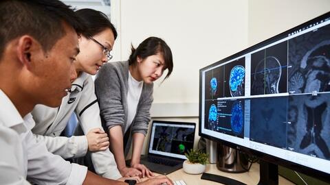 Three researchers looking at brain scans