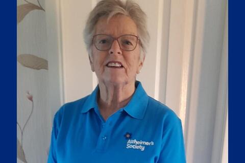 Heather Hooper, Dementia Volunteer in a blue Alzheimer's Society t-shirt
