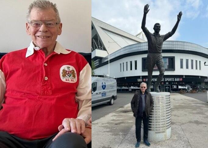 A seated photo of Adron O'Connor wearing his Bristol City shirt and a photo in front of the John Atyeo statue in Bristol