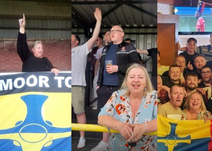 Three images of Anita Goundry enjoying football