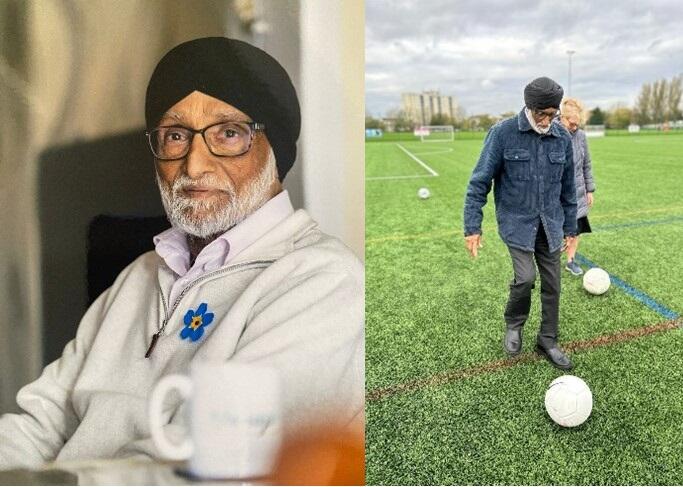 Portrait of Baldev Grewal and Baldev playing football