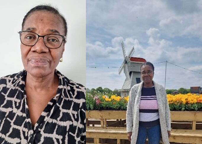 Portrait of Camella Mills and Camella in front of a windmill