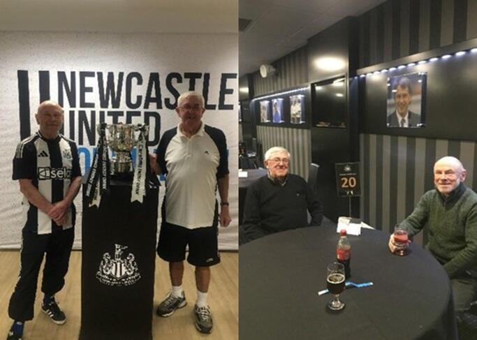 Two photos of Kenneth Farbridge with a football trophy and enjoying a drink