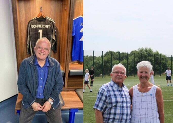 A photo of Nigel Palmer in front of a Schmeichel shirt and a photo of him at a football ground
