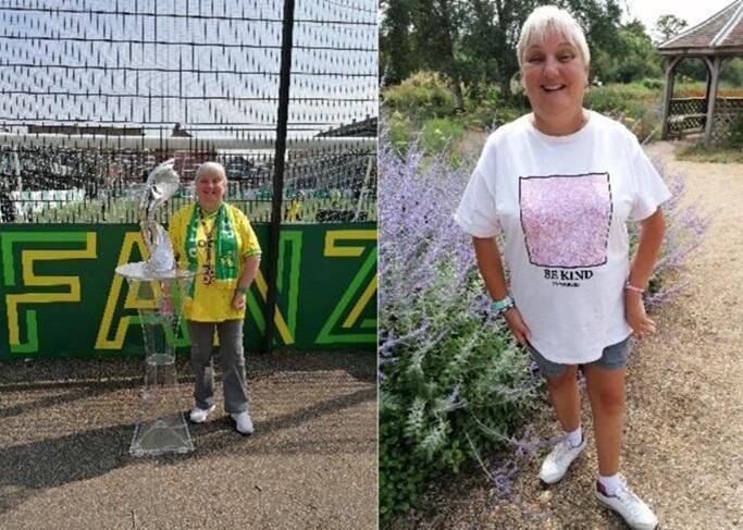 Two photos of Shelly Wurr, in front of a stadium and in a garden