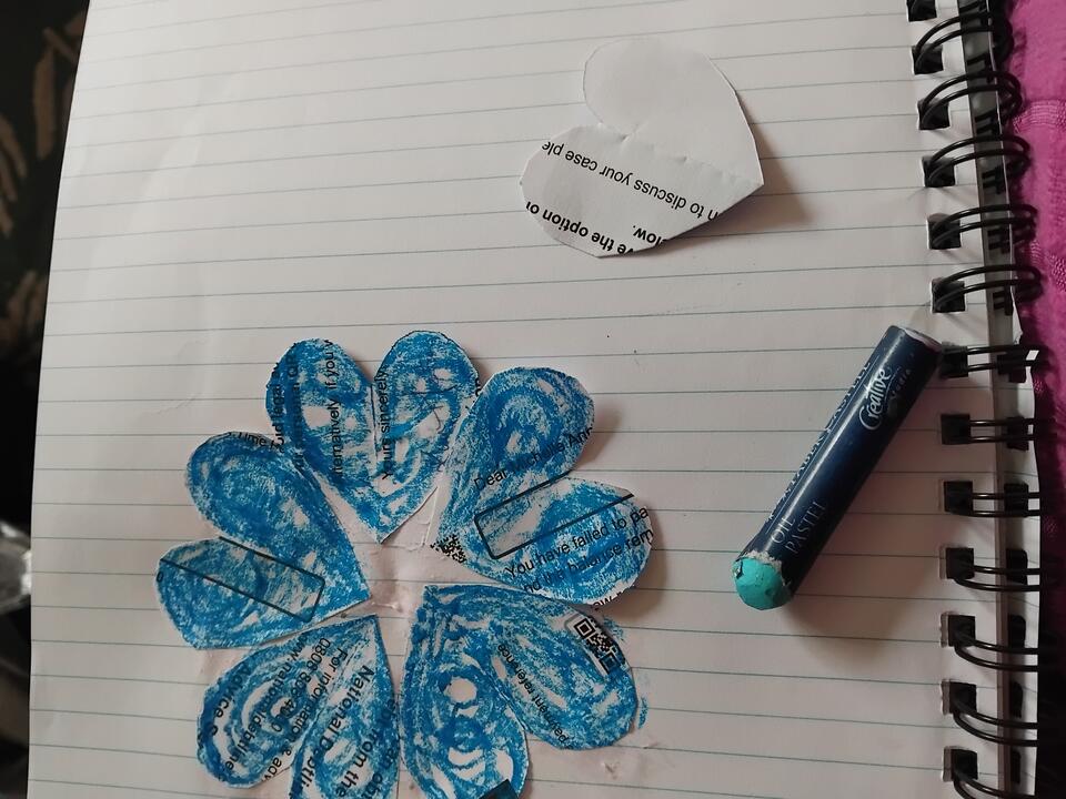 Oil pastel drawing of a forget me not