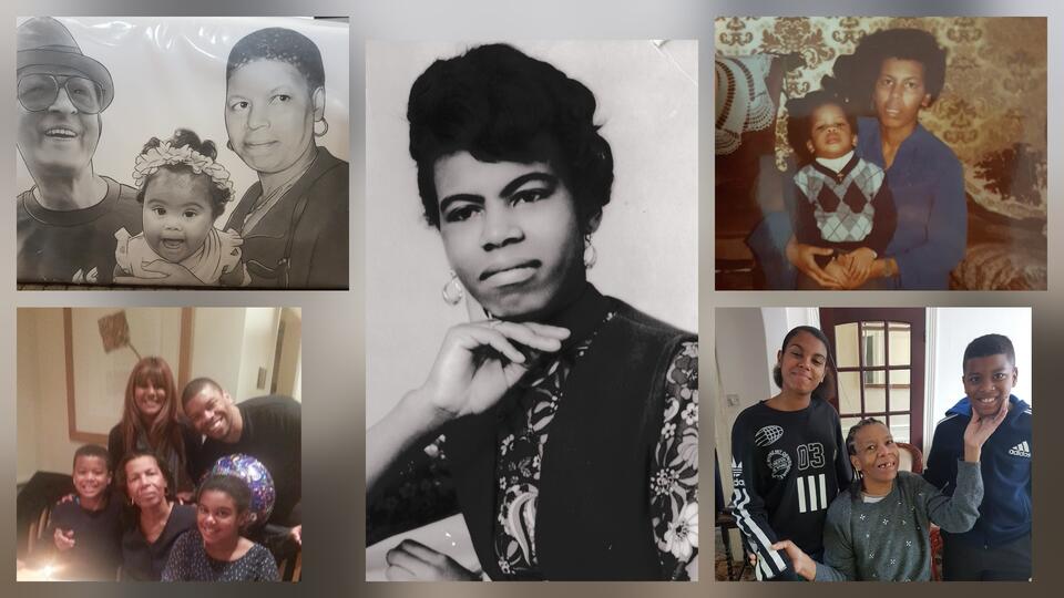 A collage of images of a woman and her family