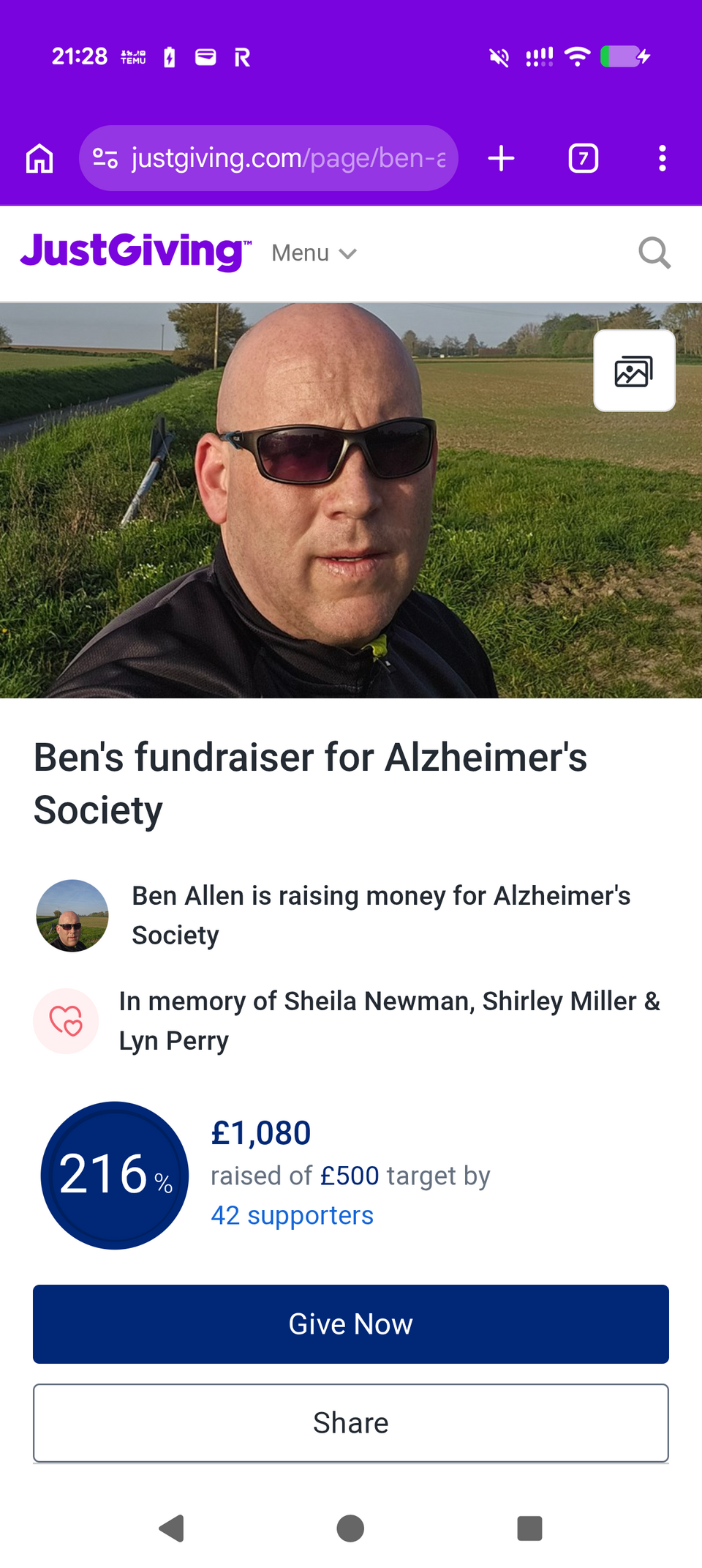 A screenshot of a JustGiving page on mobile