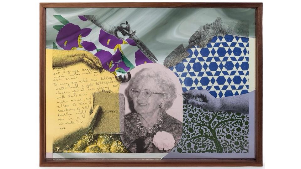 A collage of materials with a black and white image of an older woman in the centre