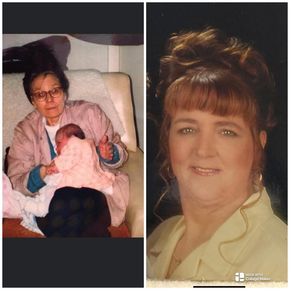 A woman with short brown hair and glasses holding a baby dressed in pink and a lady with her brown hair in a bun smiling a the camera